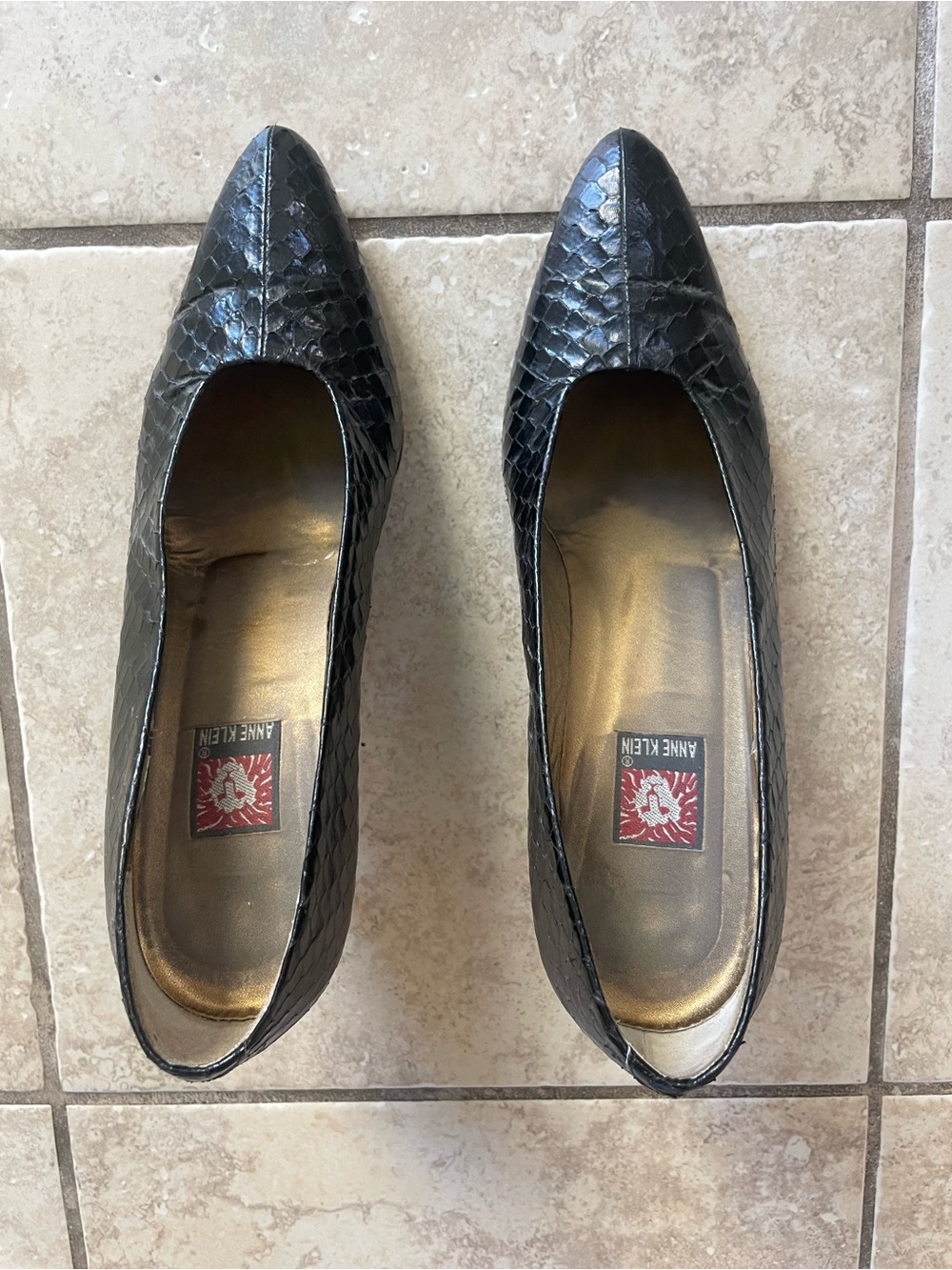 Anne Klein Black Faux-Snakeskin Pointed Toe Pumps